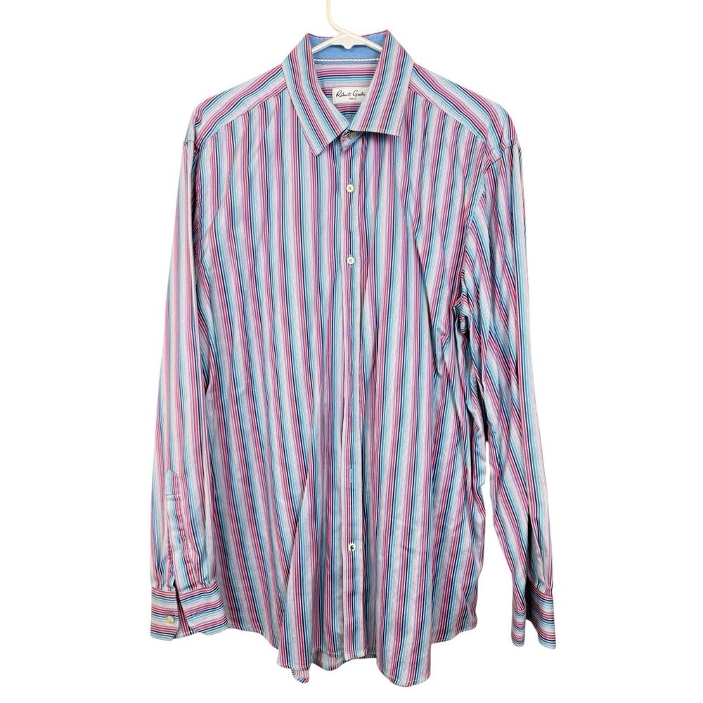Robert Graham Shirt Mens Sz 44 17.5 Blue Striped Long Sleeve Button Front
